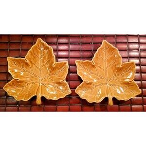Pair of Pottery Barn Brown Maple Leaf Salad Plates 11"x10" Retired